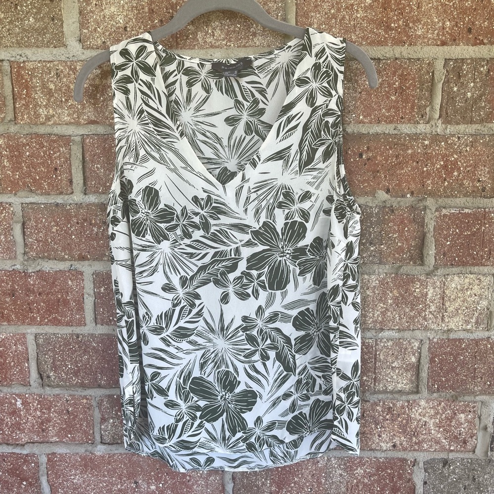 Floral Sleeveless Top - Olive Green and Off-White